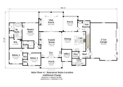 Main floor with basement stairs, 3BR, 2.5BA, office, kitchen, mudroom, laundry, 2-car garage, and porches. House Plan # 009-00493 Main Floor w/ Basement Stairs Location Floor Plan Drawing by America's Best House Plans, Inc.