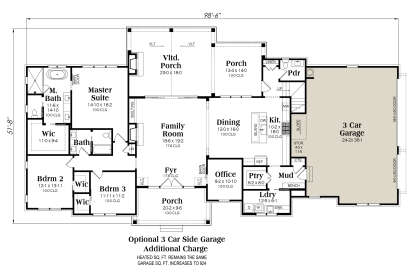 Main floor with optional 3-car garage, 3BR, 2.5BA, office, kitchen, mudroom, laundry, and porches. House Plan # 009-00493 Main Floor w/ Optional 3 Car Garage Floor Plan Drawing by America's Best House Plans, Inc.