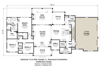 Basement foundation plan with optional 3-car garage layout. House Plan # 009-00493 Basement Foundation w/ Optional 3 Car Garage Floor Plan Drawing by America's Best House Plans, Inc.