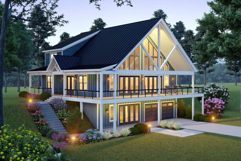 House Plan House Plan #35292 Angled Right Elevation at Dusk