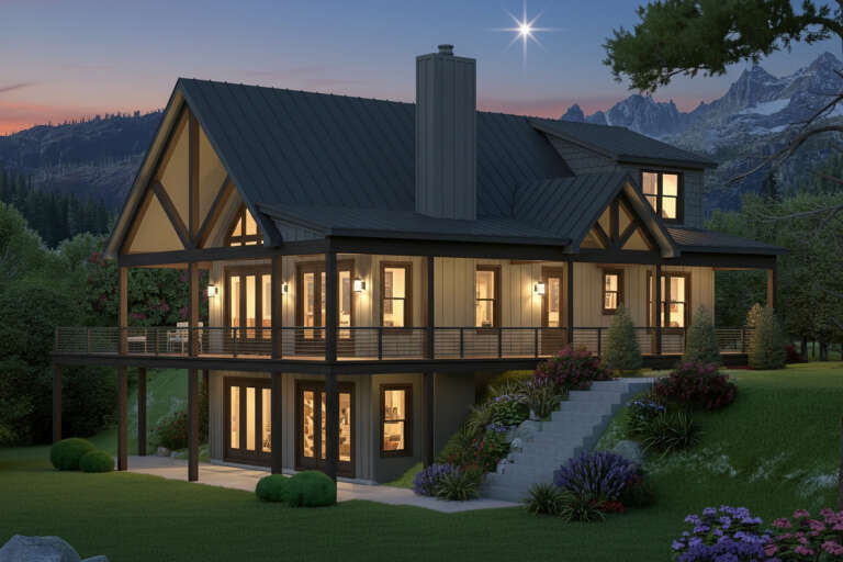 House Plan House Plan #35293 Angled Right Elevation at Dusk