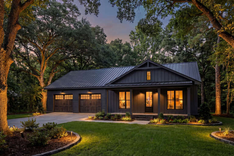 House Plan House Plan #35297 Angled Front Elevation at Dusk