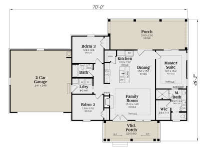 3BR, 2BA main level with open kitchen, family room, WIC, M. Bath, Ldry, 2-car garage, and covered porches. House Plan # 009-00494 Main Floor Floor Plan Drawing by America's Best House Plans, Inc.