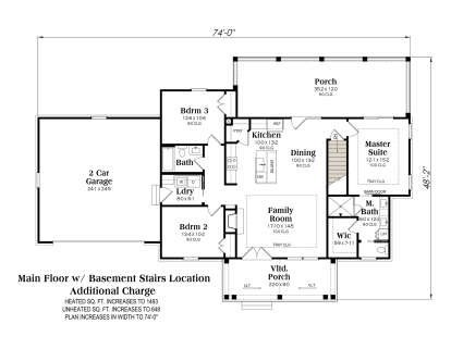 Main level with 3BR, 2BA, open kitchen, family room, WIC, M. Bath, Ldry, 2-car garage, and basement stairs. House Plan # 009-00494 Main Floor w/ Basement Stairs Location Floor Plan Drawing by America's Best House Plans, Inc.