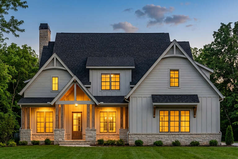 House Plan House Plan #35318 Front Elevation at Dusk