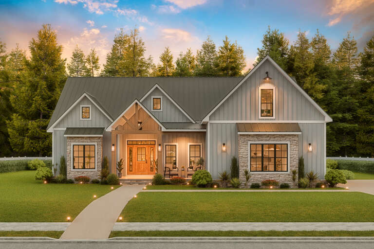 House Plan House Plan #35321 Front Elevation at Dusk
