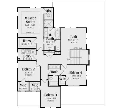 Second floor with master suite, loft, laundry, 3 bedrooms, shared bath, and multiple walk-in closets. House Plan # 009-00495 Second Floor Floor Plan Drawing by America's Best House Plans, Inc.
