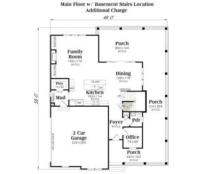 Main floor layout featuring family room, kitchen, dining, office, mudroom, 2-car garage, and basement stairs. House Plan # 009-00495 Main Floor w/ Basement Stairs Location Floor Plan Drawing by America's Best House Plans, Inc.