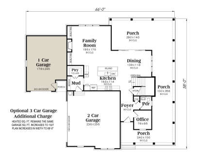 Main floor with optional 3-car garage, family room, kitchen, dining, office, mudroom, and pantry. House Plan # 009-00495 Main Floor w/ Optional 3 Car Garage Floor Plan Drawing by America's Best House Plans, Inc.