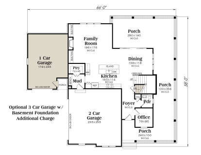 Basement foundation plan with optional 3-car garage layout. House Plan # 009-00495 Basement Foundation w/ Optional 3 Car Garage Floor Plan Drawing by America's Best House Plans, Inc.