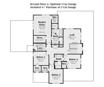 Second floor layout including master suite, loft, laundry, 3 bedrooms, and shared bath. House Plan # 009-00495 Second Floor Above Optional 3 Car Garage Floor Plan Drawing by America's Best House Plans, Inc.