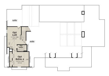 Optional second floor with loft, bath, 4th bedroom, and attic storage space. House Plan # 009-00498 Optional Second Floor Floor Plan Drawing by America's Best House Plans, Inc.