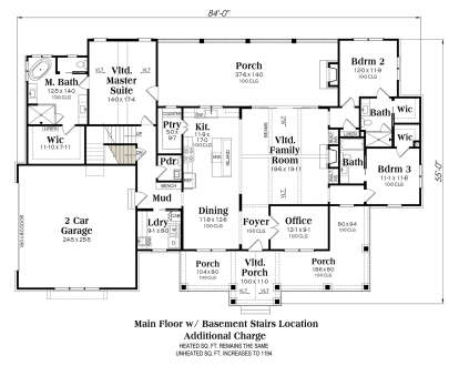 Main floor layout featuring 3BR, 2BA, open living areas, and designated basement stairs. House Plan # 009-00498 Main Floor w/ Basement Stairs Location Floor Plan Drawing by America's Best House Plans, Inc.