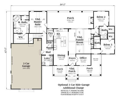 Main floor plan with 3-car garage, 3BR, 2BA, open kitchen, family room, office, and multiple porches. House Plan # 009-00498 Main Floor w/ Optional 3 Car Garage Floor Plan Drawing by America's Best House Plans, Inc.