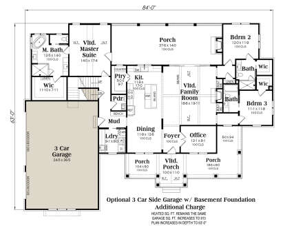 Basement foundation plan with 3-car garage footprint, 3BR, 2BA, and main level layout. House Plan # 009-00498 Basement Foundation w/ Optional 3 Car Garage Floor Plan Drawing by America's Best House Plans, Inc.