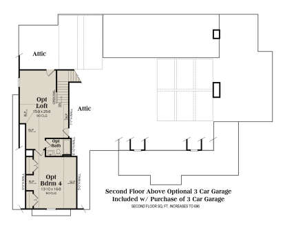 Second floor layout above 3-car garage with loft, bath, 4th bedroom, and attic storage. House Plan # 009-00498 Second Floor Above Optional 3 Car Garage Floor Plan Drawing by America's Best House Plans, Inc.