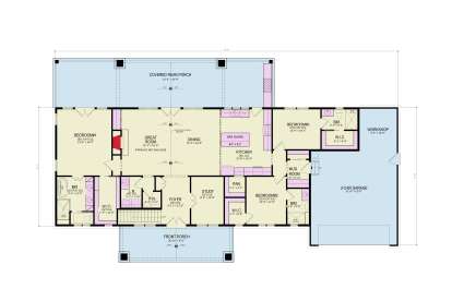Main floor plan drawing with 3BR, 3.5BA, great room, kitchen, study, WIC, pantry, mudroom, 2-car garage, workshop, porches. House Plan # 4195-00086