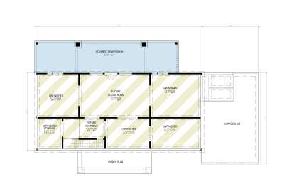 Basement floor plan drawing with unfinished rooms, future social room, storage, stairs, covered rear porch, and garage slab. House Plan # 4195-00086