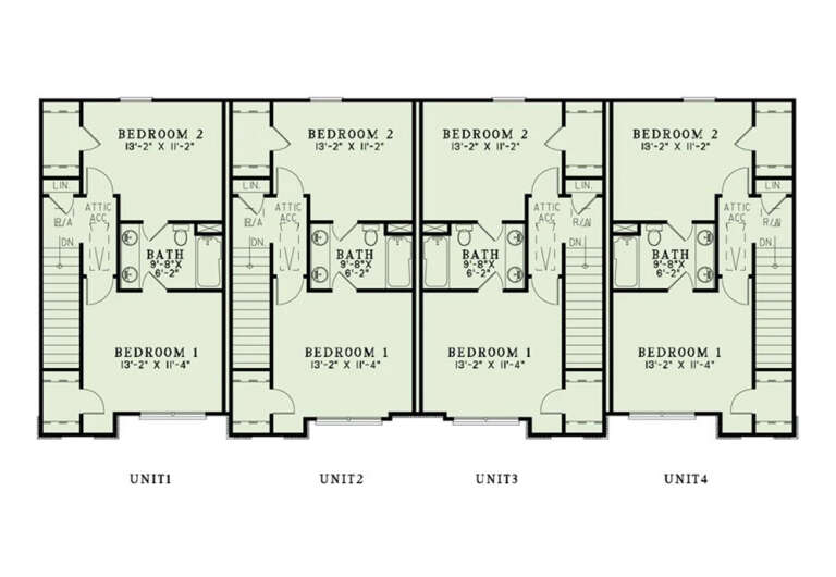 Traditional Fourplex Plan - 1,053 Square Feet, 2 Bedrooms, 2 Bathrooms ...