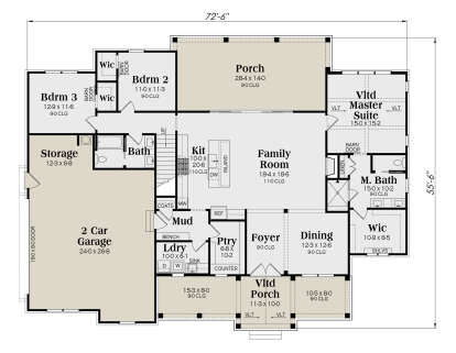 Main floor with 3BR, 2BA, kitchen island, family room, WIC, Ldry, mudroom, pantry, storage, and 2-car garage. House Plan # 009-00500 Main Floor Floor Plan Drawing by America's Best House Plans, Inc.