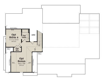 Optional second floor with bedroom, bath, WIC, bonus room, and attic space. House Plan # 009-00500 Optional Second Floor Floor Plan Drawing by America's Best House Plans, Inc.