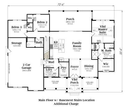 Main floor layout featuring basement stairs, 3BR, 2BA, kitchen, family room, and 2-car garage. House Plan # 009-00500 Main Floor w/ Basement Stairs Location Floor Plan Drawing by America's Best House Plans, Inc.