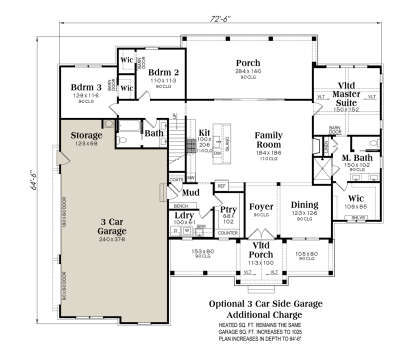 Main floor with optional 3-car garage, 3BR, 2BA, kitchen, family room, pantry, and mudroom. House Plan # 009-00500 Main Floor w/ Optional 3 Car Garage Floor Plan Drawing by America's Best House Plans, Inc.