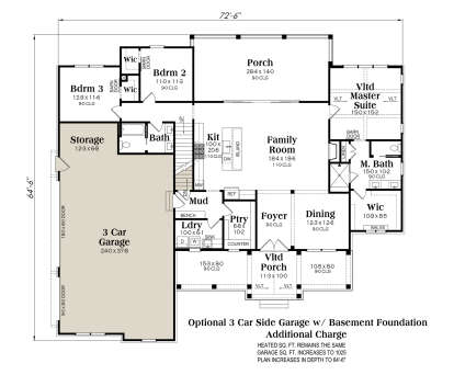 Basement foundation plan with optional 3-car garage layout. House Plan # 009-00500 Basement Foundation w/ Optional 3 Car Garage Floor Plan Drawing by America's Best House Plans, Inc.