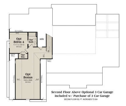 Second floor layout above optional 3-car garage with bedroom, bath, and bonus room. House Plan # 009-00500 Second Floor Above Optional 3 Car Garage Floor Plan Drawing by America's Best House Plans, Inc.