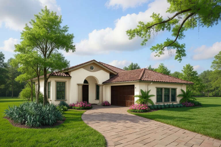 Angled front view of a cream house in Mediterranean style, tile roof, arched entry, columns, and paved driveway. House Plan # 8436-00135