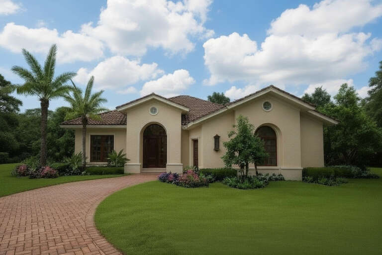 Front view of a beige house in Mediterranean style, tile roof, arched entryway, brick driveway, and lush landscaping. House Plan # 8436-00136