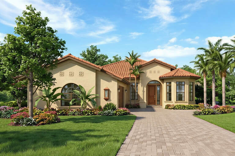 Front view of a tan house in Mediterranean style, red tile roof, arched windows, wood door, and tropical landscaping. House Plan # 8436-00138