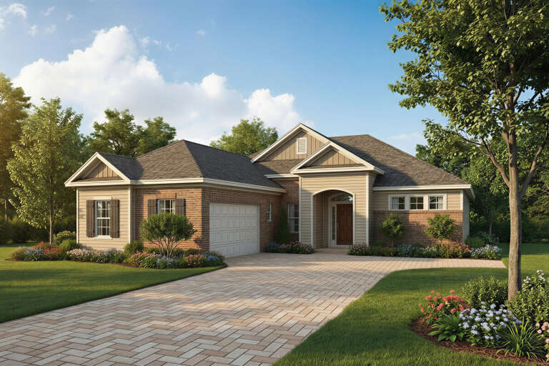 Angled front view of a tan and brick Traditional house, gabled roof, arched entryway, and paver driveway. House Plan # 8436-00141