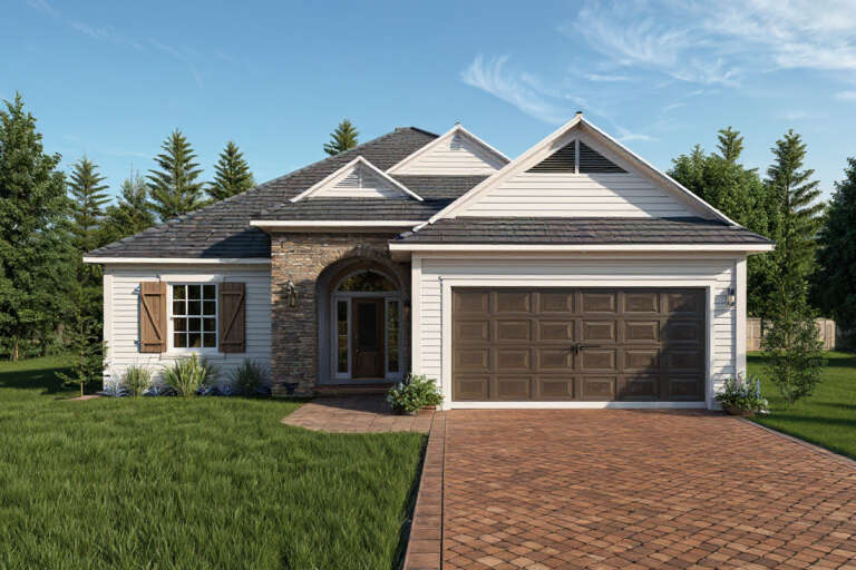 Front view of a cream house in Traditional style, stone arch entry, wood shutters, and double-car garage. House Plan # 8436-00142