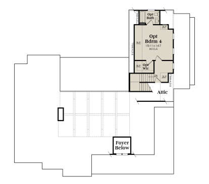 Optional upper level with 1 bed, 1 bath, WIC, attic, and open-to-below foyer area. House Plan # 009-00502 Optional Second Floor Floor Plan Drawing by America's Best House Plans, Inc.