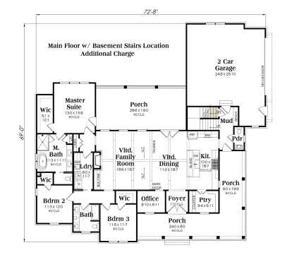 Main level with 3BR, 2.5BA, basement stairs, vaulted family room, kitchen, office, and 2-car garage. House Plan # 009-00502 Main Floor w/ Basement Stairs Location Floor Plan Drawing by America's Best House Plans, Inc.