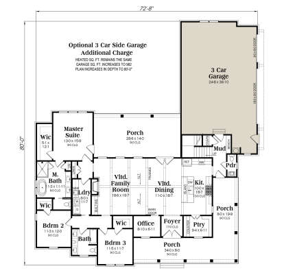 Main level with 3BR, 2.5BA, vaulted family room, kitchen, office, mudroom, and 3-car garage. House Plan # 009-00502 Main Floor w/ Optional 3 Car Garage Floor Plan Drawing by America's Best House Plans, Inc.