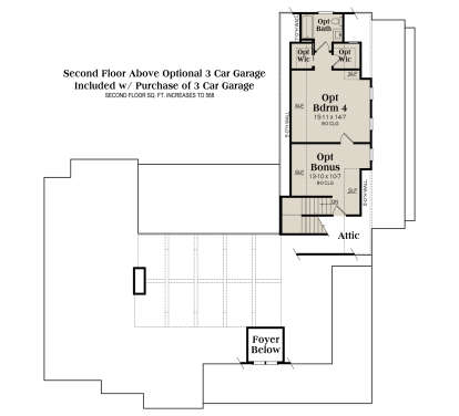 Upper level above 3-car garage with 1 bed, 1 bath, bonus room, WIC, and attic space. House Plan # 009-00502 Second Floor Above Optional 3 Car Garage Floor Plan Drawing by America's Best House Plans, Inc.