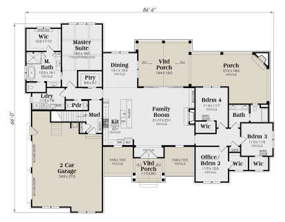 Main floor with 4BR, 3.5BA, open kitchen, family room, pantry, mudroom, Ldry, 2-car garage, and two porches. House Plan # 009-00503 Main Floor Floor Plan Drawing by America's Best House Plans, Inc.