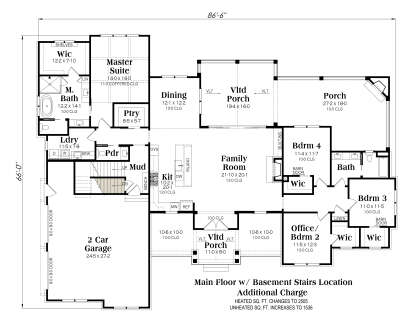Main floor with basement stairs, 4BR, 3.5BA, open kitchen, family room, Ldry, 2-car garage, and two porches. House Plan # 009-00503 Main Floor w/ Basement Stairs Location Floor Plan Drawing by America's Best House Plans, Inc.
