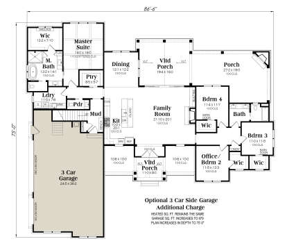 Main floor with 3-car garage, 4BR, 3.5BA, open kitchen, family room, pantry, mudroom, Ldry, and two porches. House Plan # 009-00503 Main Floor w/ Optional 3 Car Garage Floor Plan Drawing by America's Best House Plans, Inc.