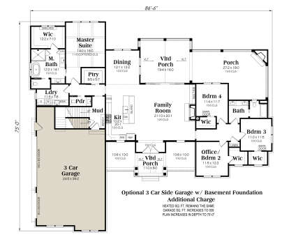 Basement foundation plan with 3-car garage layout. House Plan # 009-00503 Basement Foundation w/ Optional 3 Car Garage Floor Plan Drawing by America's Best House Plans, Inc.