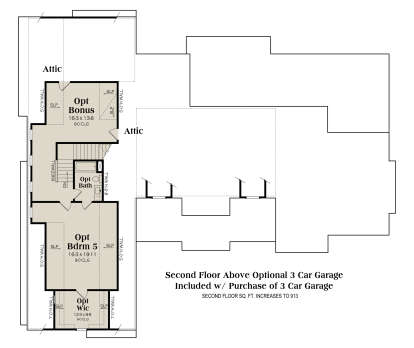 Second floor layout above optional 3-car garage with bonus room, 1BR, 1BA, and WIC. House Plan # 009-00503 Second Floor Above Optional 3 Car Garage Floor Plan Drawing by America's Best House Plans, Inc.