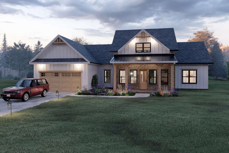 House Plan House Plan #35603 Angled Front Elevation at Dusk