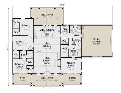 4BR, 3BA main level with open kitchen, dining, family room, WIC, mudroom, laundry, 2-car garage, and multiple porches. House Plan # 009-00506 Main Floor Floor Plan Drawing by America's Best House Plans, Inc.