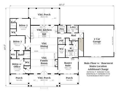 4BR, 3BA main level with basement stairs, open living area, WIC, mudroom, laundry, 2-car garage, and porches. House Plan # 009-00506 Main Floor w/ Basement Stairs Location Floor Plan Drawing by America's Best House Plans, Inc.