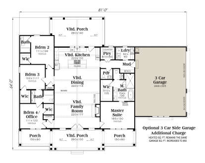 4BR, 3BA main level with open kitchen, dining, family room, WIC, mudroom, laundry, 3-car garage, and porches. House Plan # 009-00506 Main Floor w/ Optional 3 Car Garage Floor Plan Drawing by America's Best House Plans, Inc.