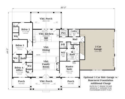Basement foundation with 4BR, 3BA main level layout, open living area, WIC, mudroom, laundry, and 3-car garage. House Plan # 009-00506 Basement Foundation w/ Optional 3 Car Garage Floor Plan Drawing by America's Best House Plans, Inc.