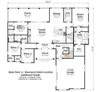 Main floor layout featuring 4 beds, 3 baths, family room, kitchen, office, 2-car garage, and basement stairs. House Plan # 009-00507 Main Floor w/ Basement Stairs Location Floor Plan Drawing by America's Best House Plans, Inc.