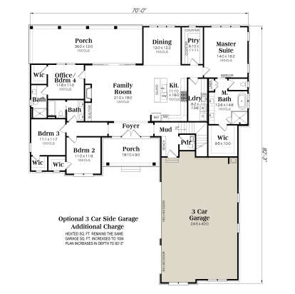 Main floor plan with 4 beds, 3 baths, family room, kitchen, office, and optional 3-car garage. House Plan # 009-00507 Main Floor w/ Optional 3 Car Garage Floor Plan Drawing by America's Best House Plans, Inc.